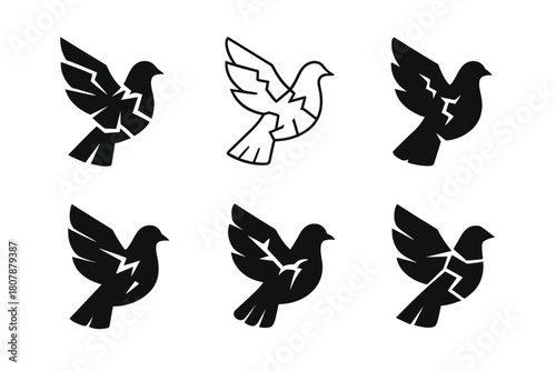 Dove Harmony Logos. War. Icon set. Set Logo of War: dove silhouette fragmented into pieces. harmonious logo variations of the same emblematic concept, each