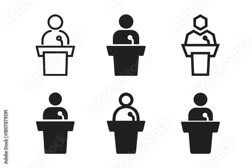 Public Speaking Icons. Public speaking. Line icon set of public speaking: microphone, podium, audience, speech bubble, light bulb, notebook, hand gesture,