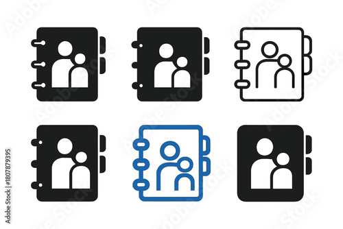 Family Album Icons. Creating family photo albums and scrapbooks. Icon set. Set Logo of creating family photo albums and scrapbooks: open photo album with