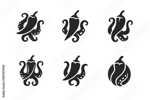 Spicy Seafood Logos. Spicy seafood. Icon set. Set Logo of Spicy Seafood: lobster with heat wave accents. harmonious logo variations of the same emblematic