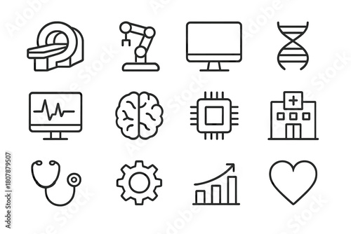 Medical Tech Icons. Medical technology innovation. Line icon set of medical technology innovation: MRI, robotic arm, computer, DNA, monitor, brain, microchip,