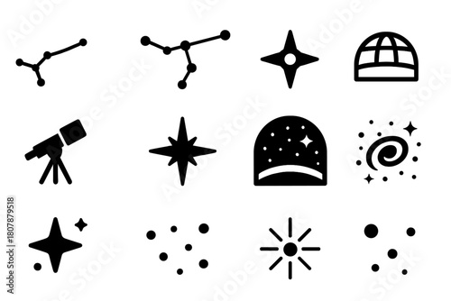 Ursa Major Icons. Ursa Major constellation. Solid icon set of Ursa Major constellation: Big Dipper shape, seven bright stars, connecting lines, compass, sky