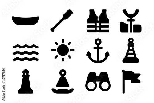 Lake Ride Icons. Lake ride. Solid icon set of Lake ride: boat, oar, paddle, life jacket, water waves, sun, anchor, seagull, lighthouse, buoy, binoculars, flag.