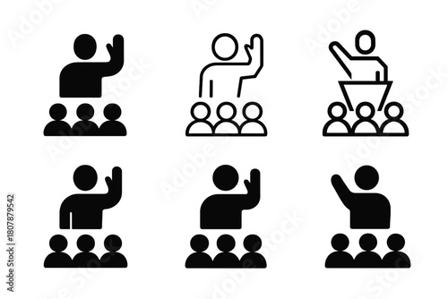 Public Speaking Icons. Public speaking. Line icon set of public speaking: microphone, podium, audience, speech bubble, light bulb, notebook, hand gesture,