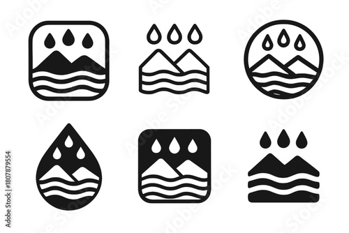 Flooded Valley Logos. Flooded valley. Icon set. Set Logo of flooded valley: house surrounded by rising water. harmonious logo variations of the same emblematic