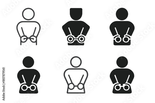 Arrest Scene Logos. Person Arrested on Suspicion of Crime. Icon set. Set Logo of Arrest Scene: police car and flashing lights. harmonious logo variations of