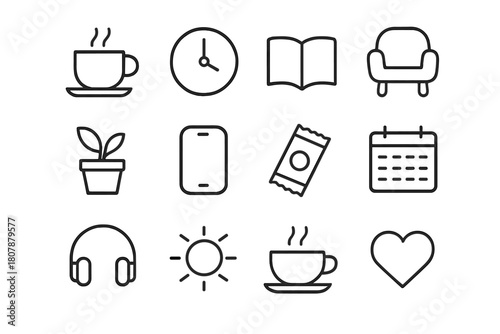 Break Time Icons. Break Time. Line icon set of Break Time: coffee cup, clock, book, chair, plant, phone, snack, calendar, headphones, sun, tea cup, heart. All
