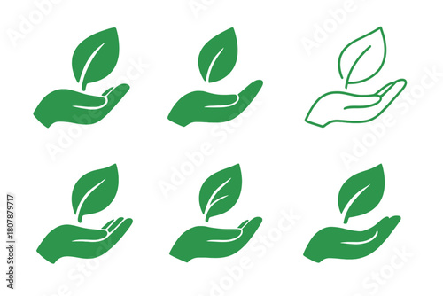 Eco Vibe Logos. Green label design with eco vibes trend. Icon set. Set Logo of green label design with eco vibes trend: leaf emblem. harmonious logo variations