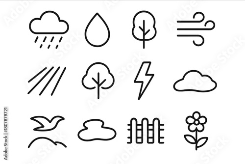 Stormy Skies Icon Set. Stormy Skies. Line icon set of Stormy Skies: cloud, rain, droplet, wind, field rows, tree, lightning, hill, bird, puddle, fence, flower.
