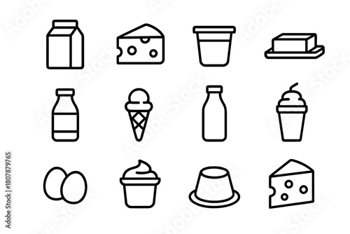 Dairy Icon Set. Dairy products. Line icon set of Dairy products: milk carton, cheese, yogurt cup, butter, cream, ice cream, milk bottle, milkshake, eggs, sour