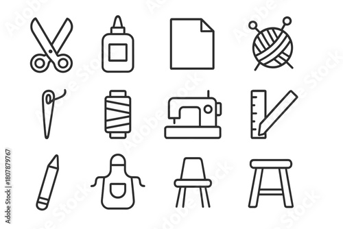 Craft Tools Icons. Craft workshops. Line icon set of craft workshops: scissors, glue, paper, yarn, knitting needles, needle, thread, sewing machine, ruler,