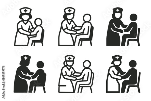 Medical Assistance Icons. Taking a friend to the doctor. Icon set. Set Logo of Taking a friend to the doctor: Nurse assisting patient. harmonious