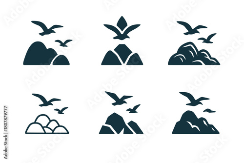 Rocky Shore Logos. Rocky shore. Icon set. Set Logo of rocky shore: coastal cliffside view. harmonious logo variations of the same emblematic concept, each with