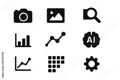 Photo Processing Icons. Photo Processing. Solid icon set of Photo Processing: camera, photo, computer monitor, magnifying glass, histogram, chart, AI brain,