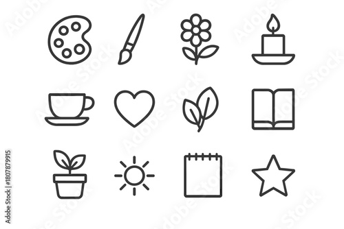 Artistic Relaxation Icons. Relaxation through art. Line icon set of relaxation through art: palette, paintbrush, flower, candle, tea cup, heart, leaf, book,