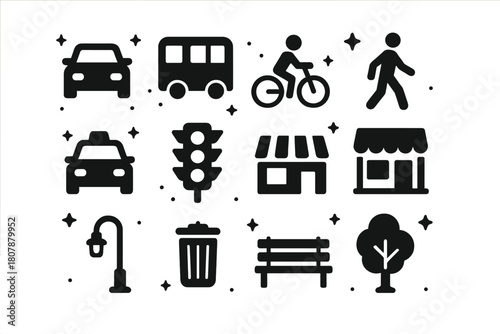 Busy Street Icons. Busy Street. Solid icons set of Busy Street: car, bus, bicycle, pedestrian, taxi, traffic light, crosswalk, storefront, streetlamp, trash