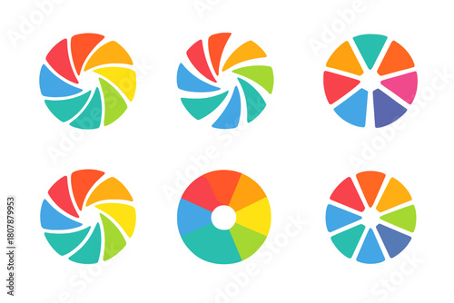 Dynamic Colorful Logos. Vibrant colors. Icon set. Set Logo of vibrant colors: color wheel with dynamic segments. harmonious logo variations of the same