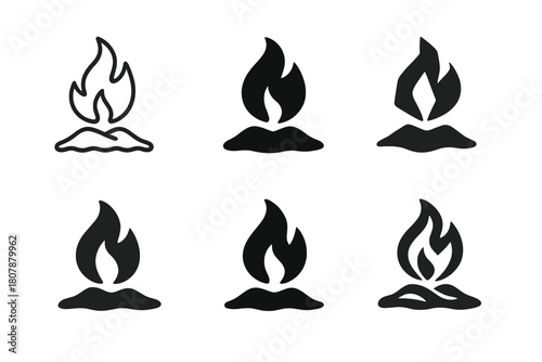 Beach Bonfire Logos. Beach bonfire gatherings. Icon set. Set Logo of Beach bonfire gatherings: People around fire. harmonious logo variations of the same