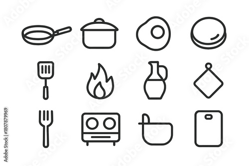 Home Cooking Icons. Home cooking. Icon set. Set Logo of home cooking: open recipe book beside spice jars. harmonious logo variations of the same emblematic