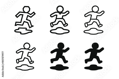 Puddle Jumping Icons. Jumping over puddles. Icon set. Set Logo of Jumping over puddles: Kids playing in puddles. harmonious logo variations of the same