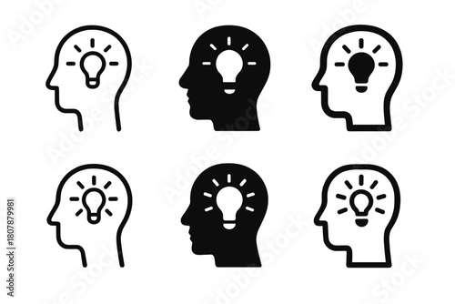 Epiphany Icon Variations. Unexpected epiphany. Icon set. Set Logo of unexpected epiphany: abstract mind with shining spark at center. harmonious logo