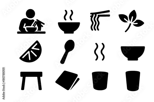 Pho Icon Set. Eating Pho. Solid icon set of Eating Pho: person, bowl of pho, chopsticks, noodles, herbs, lime wedge, spoon, steam, bowl, table, napkin, cup.