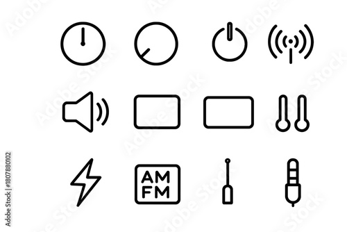 Radio Control Icons. Radio control. Line icon set of radio control: tuning knob, volume dial, power button, signal waves, AM/FM radio, antenna, speaker,