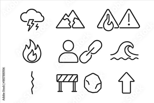 Adversity Icon Set. Adversity. Line icon set of Adversity: storm cloud, mountain, broken path, warning sign, fire, person silhouette, chain, wave, crack,