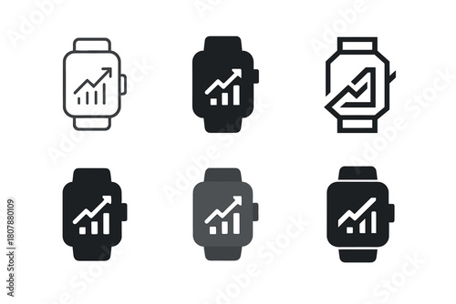 Sports Performance Logos. Sports performance tracking. Set Logo of Sports performance tracking: smartwatch face with rising chart. harmonious logo variations