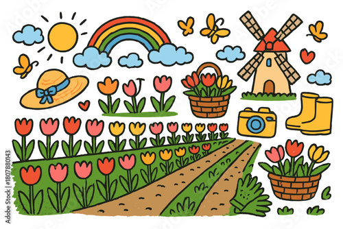 Whimsical Tulip Fields. Tulip fields. Colorful Hand-drawn doodle Children illustration Tulip fields rows of tulips, windmill, walking path, rainbow, hat,