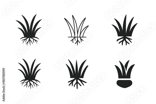 Grass Logo Variations. Grass. Icon set. Set Logo of Grass: minimal grass field line art. harmonious logo variations of the same emblematic concept, each with