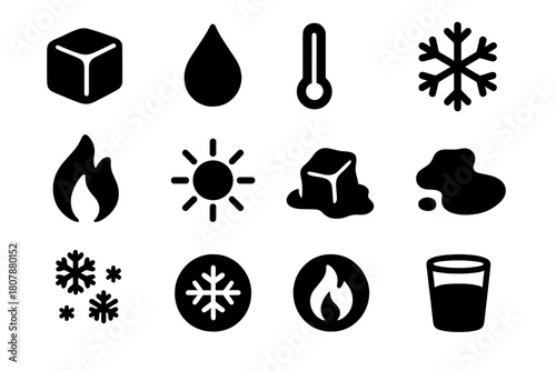 Phase Change Icons. Phase change. Solid icon set of Phase change: ice cube, water droplet, thermometer, snowflake, flame, sun, melting ice, puddle, snow, cold