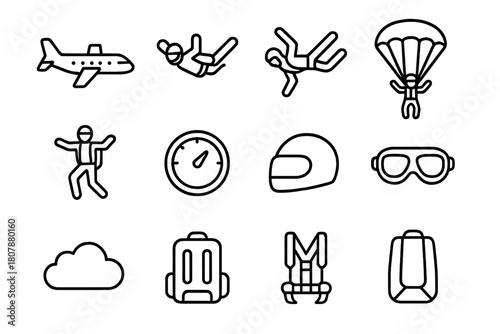 Skydiving Icon Set. Skydiving jump sequence. Line icon set of skydiving jump sequence: airplane, skydiver, freefall, parachute deployment, canopy flight,