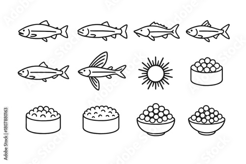 Fish Icon Set. Fish varieties. Line icon set of fish varieties: salmon, trout, sturgeon, cod, herring, flying fish, sea urchin, salmon roe, tobiko, masago,