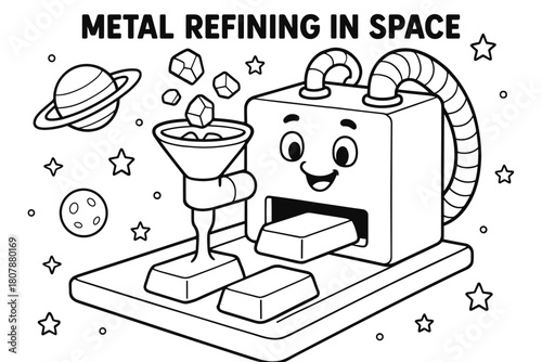 Space Smelter Coloring. Metal refining in space children?s coloring book illustration, outlined drawing, compact smelter box with a smiling face turning ore