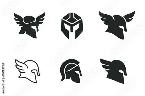 Mythical Helmet Icons. Mythology stories. Icon set. Set Logo of mythology stories: winged helmet. harmonious logo variations of the same emblematic concept,