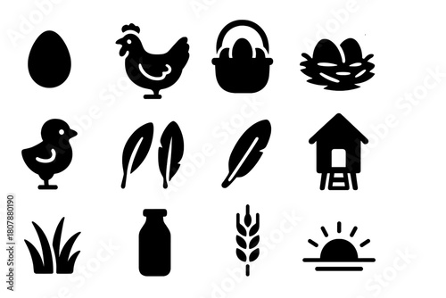 Egg Production Icons. Egg Production. Solid icon set of Egg Production: egg, hen, basket, nest, chick, feathers, coop, carton, grass, milk bottle, wheat stalk,