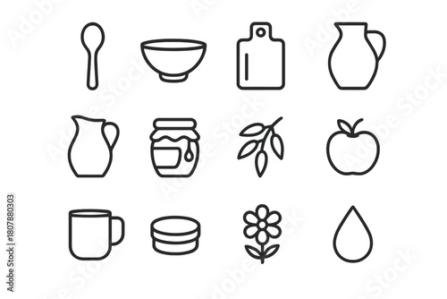 Rustic Kitchen Icons. Rustic kitchen. Line icon set of rustic kitchen: wooden spoon, rolling pin, bowl, whisk, cutting board, flour bag, dough ball, jar,