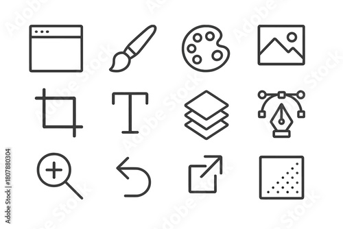 Creative Apps Icon Set. Creative Apps. Line icon set of Creative Apps: design software window, paint brush, color palette, photo editing tool, crop frame, text