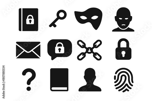 Secret Symbols Icons. Burdened With a Secret. Solid icon set of Burdened With a Secret: locked diary, key, mask, shadowed face, envelope, speech bubble with