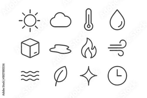 Climate Icon Set. Climate Warmth. Line icon set of Climate Warmth: sun, cloud, thermometer, droplet, ice cube, puddle, flame, air flow, water, leaf, sparkle,