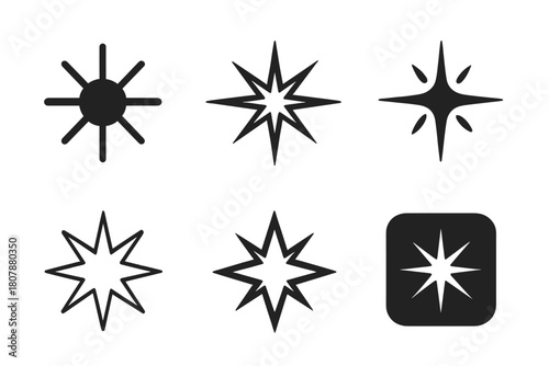 Starburst Logo Variations. Bright light in dark. Icon set. Set Logo of bright light in dark: starburst symbol. harmonious logo variations of the same