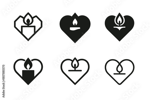 Romantic Candle Icons. Romantic dinner dates and intimate moments. Icon set. Set Logo of romantic moments: heart-shaped candle. harmonious logo variations of