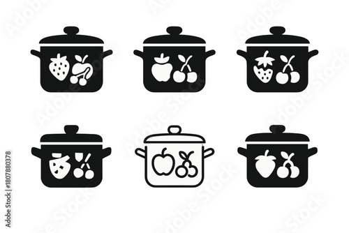 Homemade Jam Icons. Making your own homemade jam. Icon set. Set Logo of Homemade Jam: abstract jar and fruit motif forming a circle. harmonious logo variations