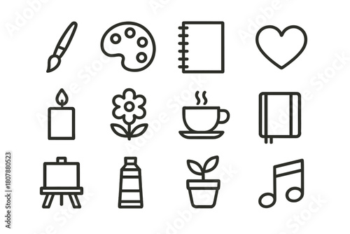 Artful Self-Care Icons. Self-care through art and creative expression. Line icon set of self-care through art and creative expression: paintbrush, palette,