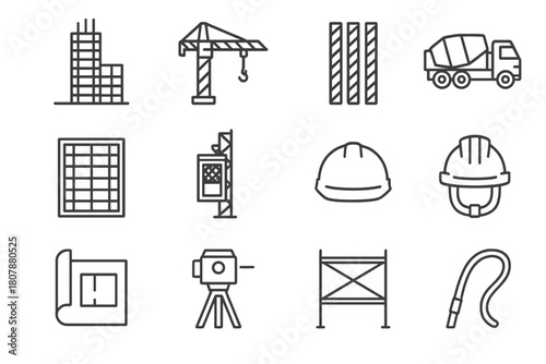 Skyscraper Construction Icons. Skyscraper construction. Line icon set of skyscraper construction: tower core, crane, rebar bundle, concrete mixer truck,