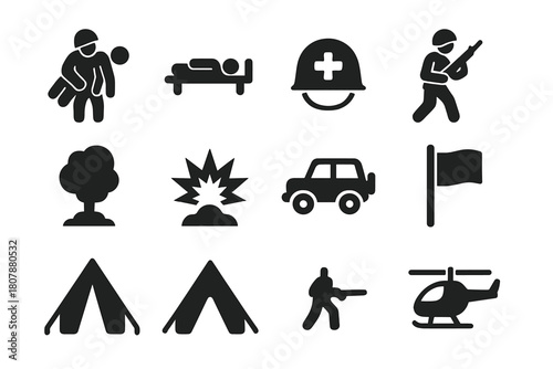 Soldier Icon Set. Soldier carrying injured comrade on the battlefield. Solid icon set of soldier carrying injured comrade on the battlefield: soldier, wounded