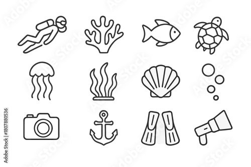 Coral Reef Icons. Coral reef diving. Line icon set of coral reef diving: diver, coral, fish, turtle, jellyfish, seaweed, shell, bubbles, camera, anchor, fins,