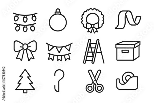 Decorating Icons Collection. Decorating together. Line icon set of decorating together: string lights, ornament, wreath, ribbon, bow, garland, ladder, storage
