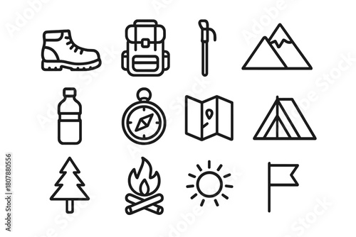 Hiking Essentials Icons. Hiking and trekking. Line icon set of hiking and trekking: hiking boots, backpack, walking stick, mountain, water bottle, compass,